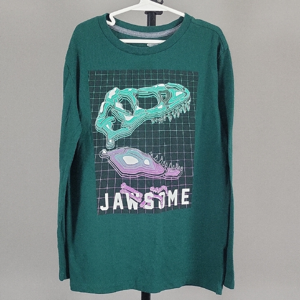 Old Navy Green Long Sleeve Tee with Dinosaur Graphic, Boy's Size L(10-12)